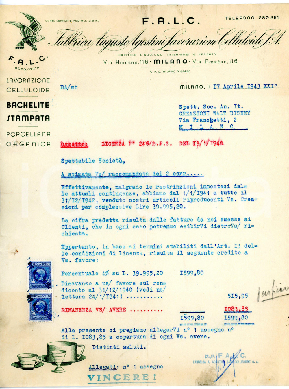 Oggetto da collezione cartaceo 1943 MILANO Via Ampere 116  F.A.L.C. S.A. Lettera a Creazioni Walt Disney 1