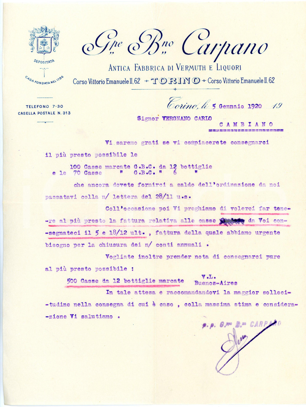 Oggetto da collezione cartaceo 1920 TORINO c.so Vittorio Emanuele II 62  Giuseppe Bernardino CARPANO Lettera 1