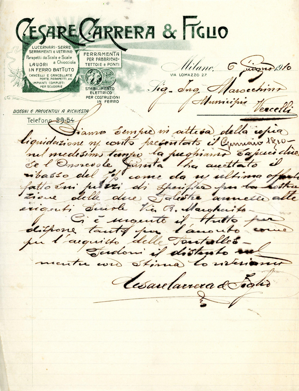 Oggetto da collezione cartaceo 1910 MILANO Via Lomazzo 27 Fabbro Cesare CARRERA E FIGLIO Lettera commerciale 1