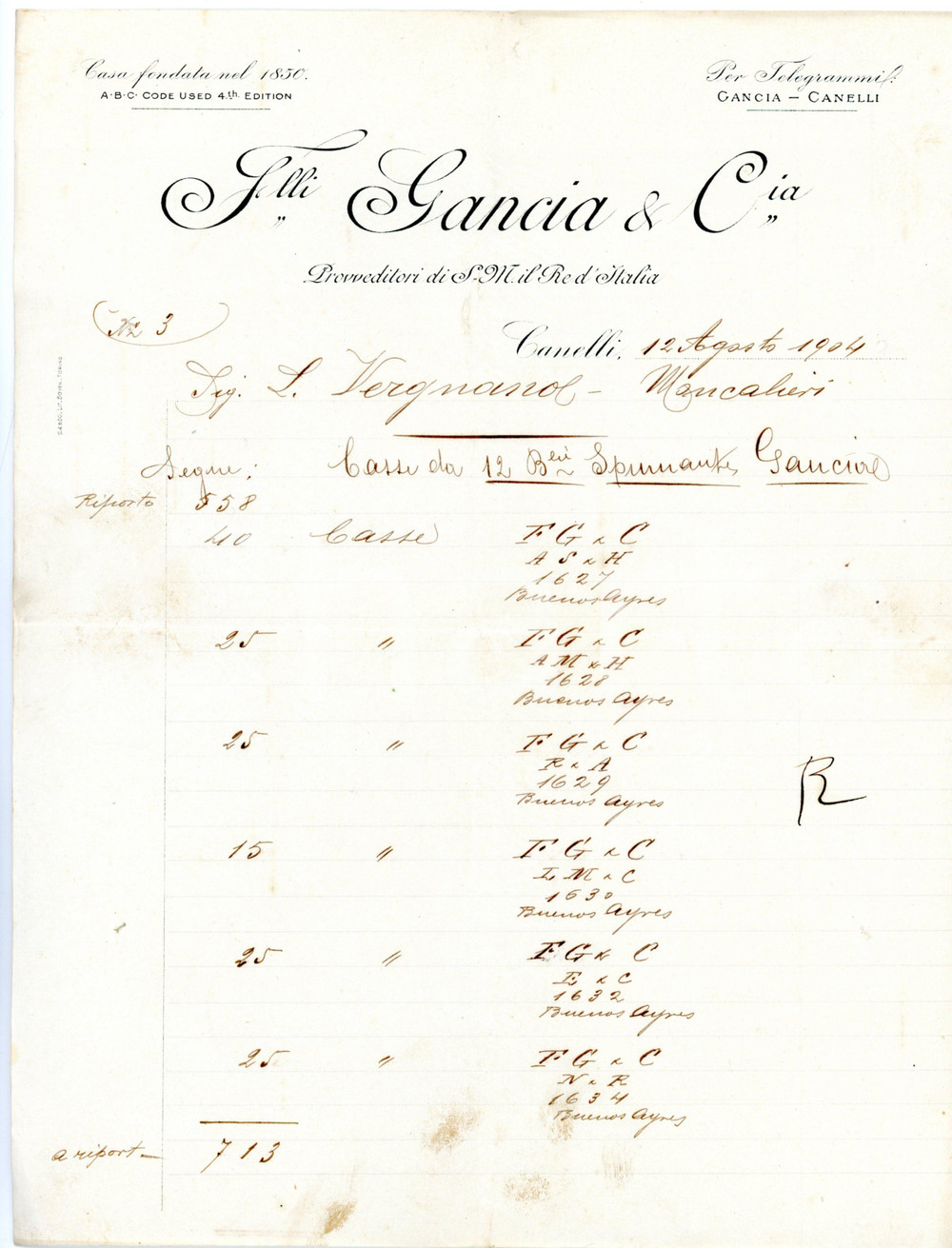 Oggetto da collezione cartaceo 1904 CANELLI   F.LLI GANCIA Lettera commerciale Luigi VERGNANO di MONCALIERI 1