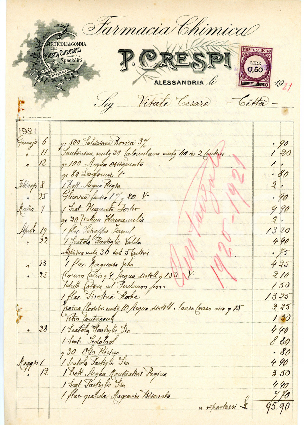 Oggetto da collezione cartaceo 1921 ALESSANDRIA Farmacia P. CRESPI conto fornitura medicinali  Fattura 1