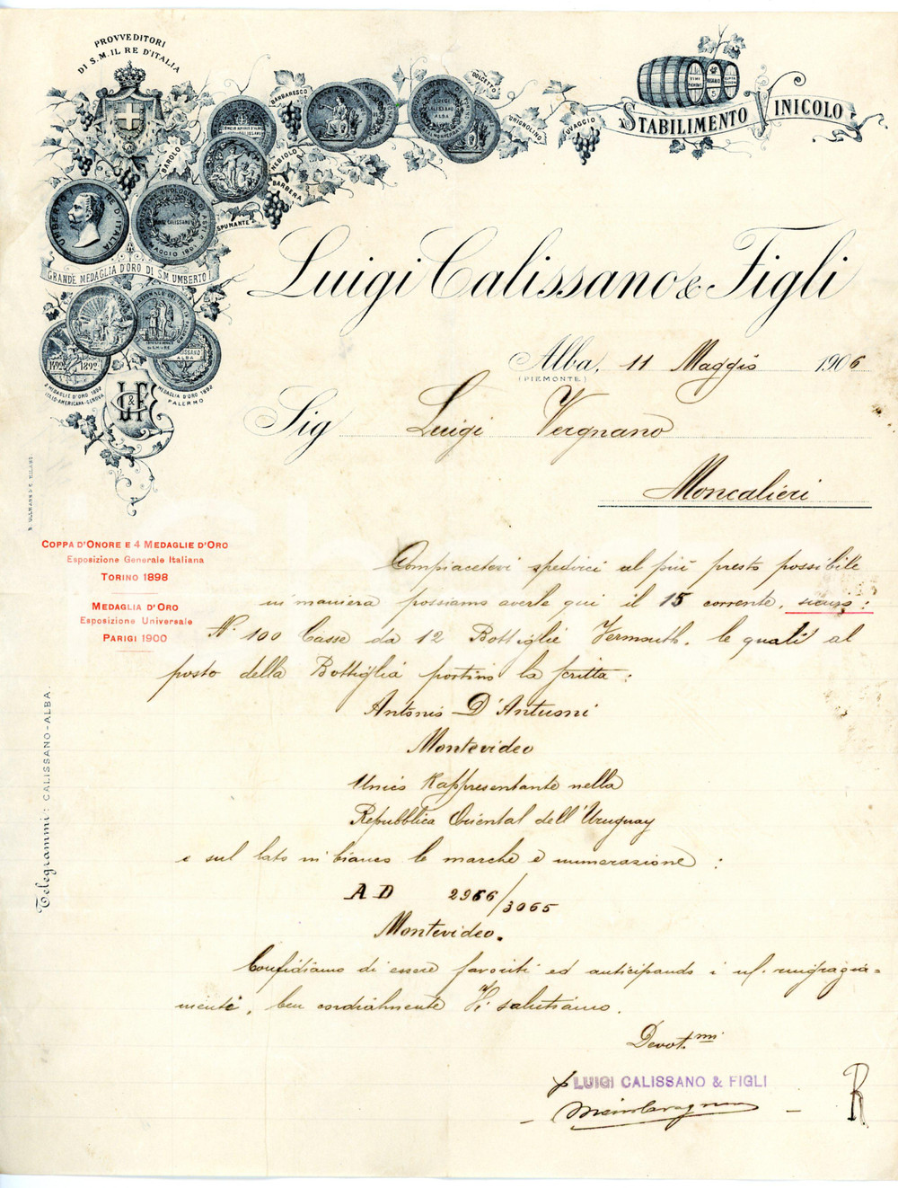 Oggetto da collezione cartaceo 1906 ALBA Stabilimento vinicolo Luigi CALISSANO Lettera a Luigi VERGNANO 2 1