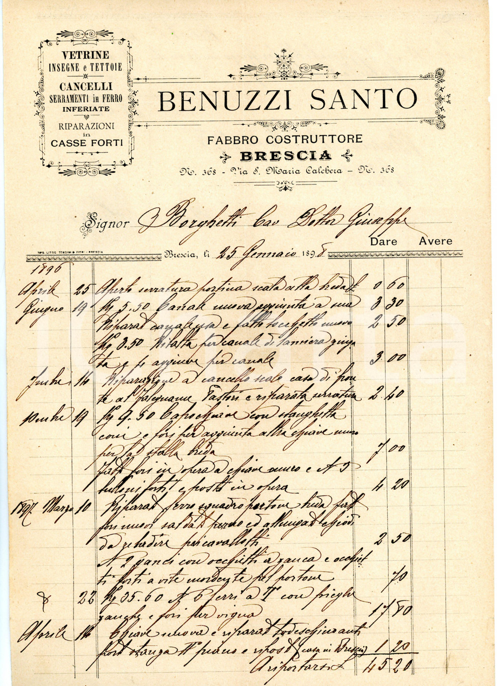 Oggetto da collezione cartaceo 1898 BRESCIA Fabbro BENUZZI SANTO computo lavori a Cav. BORGHETTI 1