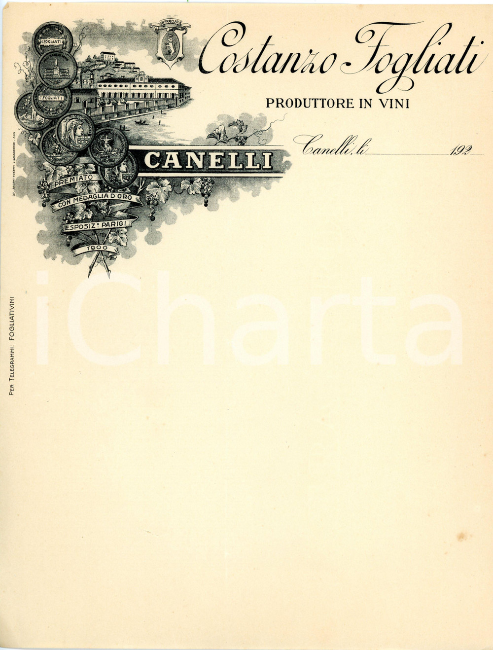 Oggetto da collezione cartaceo 1920ca CANELLI Produttore in vini Costanzo FOGLIATI Carta intestata 1
