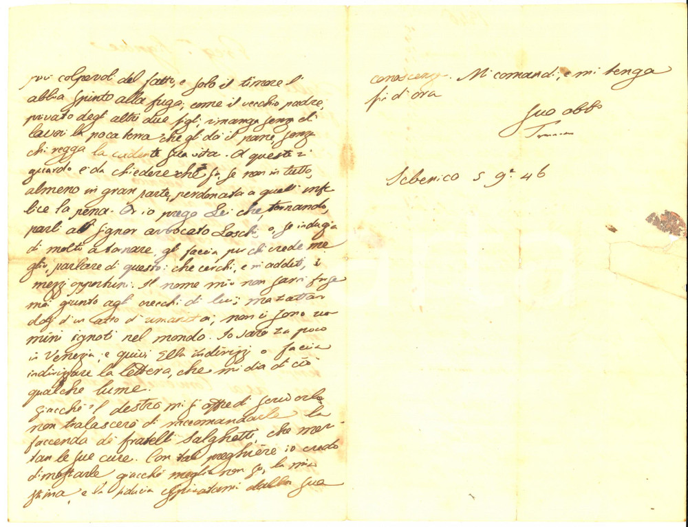 Autografo originale 1846 SEBENICO Niccolò TOMMASEO pro Giuseppe CALOPER contrabbandiere AUTOGRAFO 1