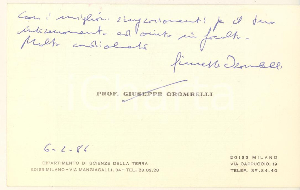 Autografo originale 1986 MILANO Prof. Giuseppe OROMBELLI  Biglietto di ringraziamento AUTOGRAFO 1