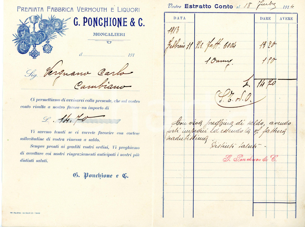 Oggetto da collezione cartaceo 1914 MONCALIERI Vermouth G. PONCHIONE Sollecito a Carlo VERGNANO 1