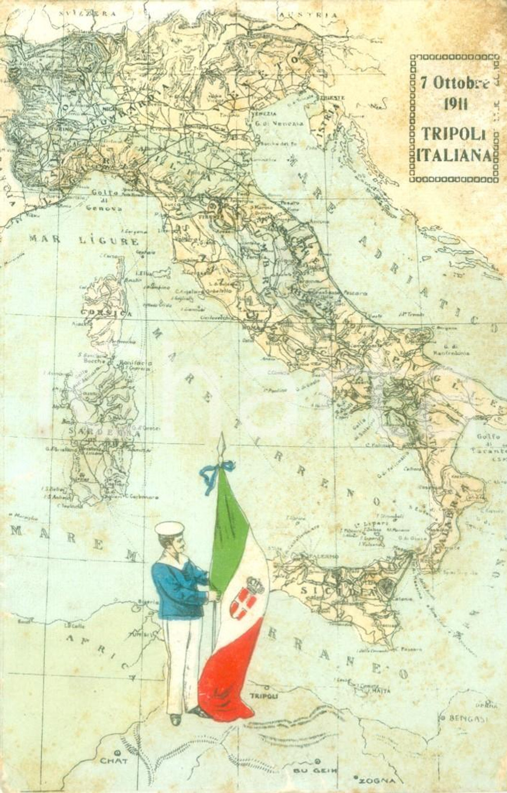 Cartolina originale da collezione 1911 PROPAGANDA COLONIALE Tripoli è Italiana Cartolina DANNEGGIATA 1