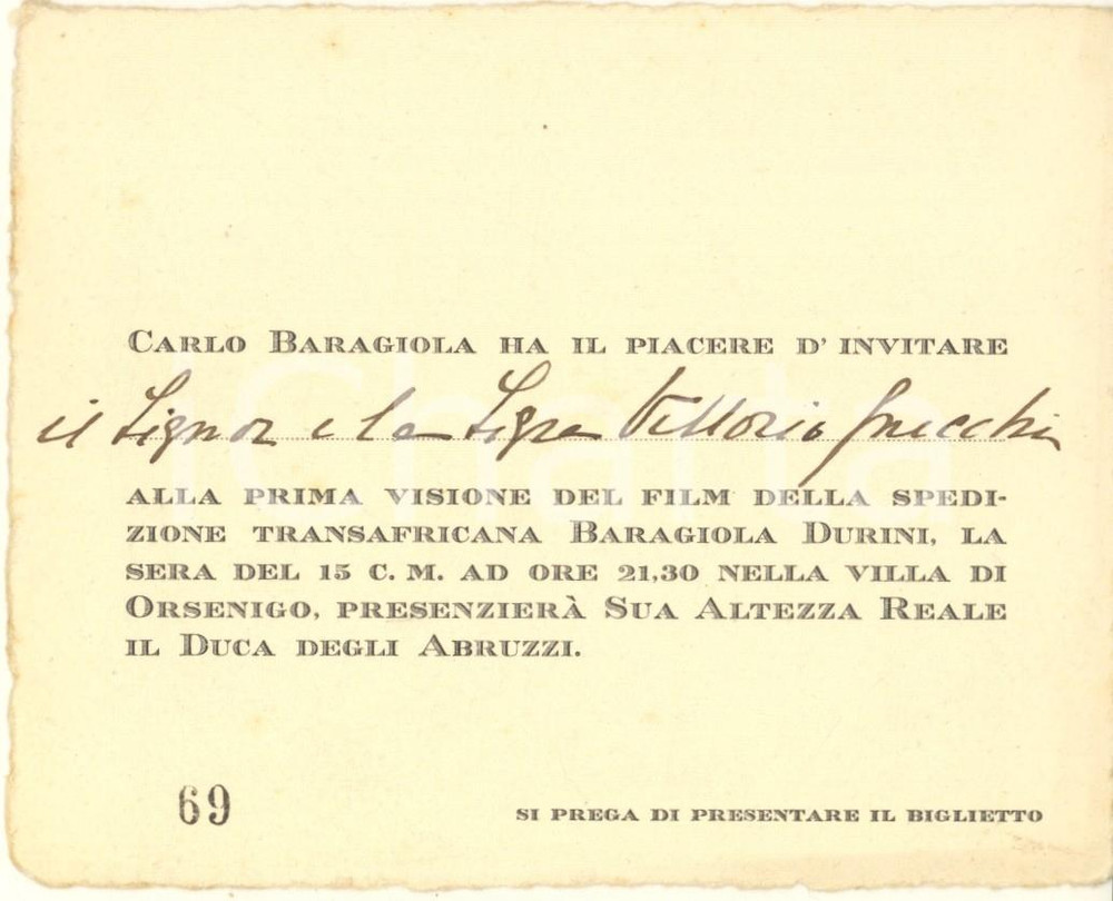 Oggetto da collezione cartaceo 1930 ORSENIGO CO Invito Carlo BARAGIOLA  Film sulla spedizione transafricana 1