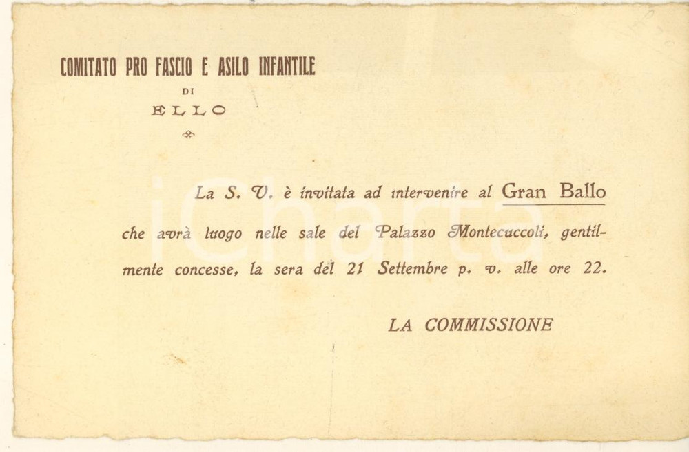 Oggetto da collezione cartaceo 1930 ca ELLO LC Comitato pro asilo  Gran Ballo a Palazzo MONTECUCCOLI Invito 1