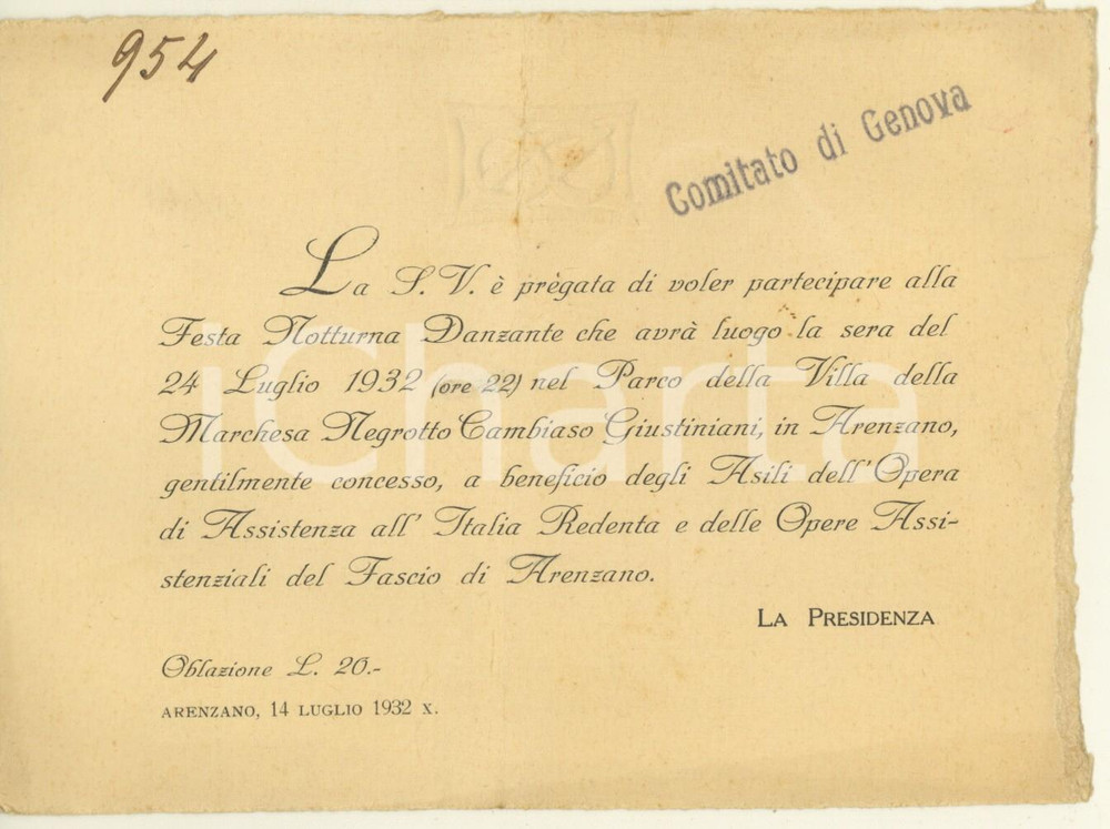 Oggetto da collezione cartaceo 1932 ARENZANO Festa Notturna Danzante  Villa Negrotto Cambiaso DANNEGGIATO 1
