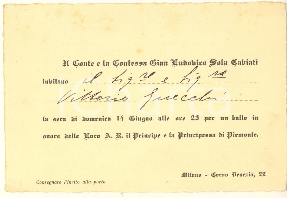 Oggetto da collezione cartaceo 1930 ca MILANO Corso Venezia 22  Invito ballo conte Gian Ludovico SOLA CABIATI 1
