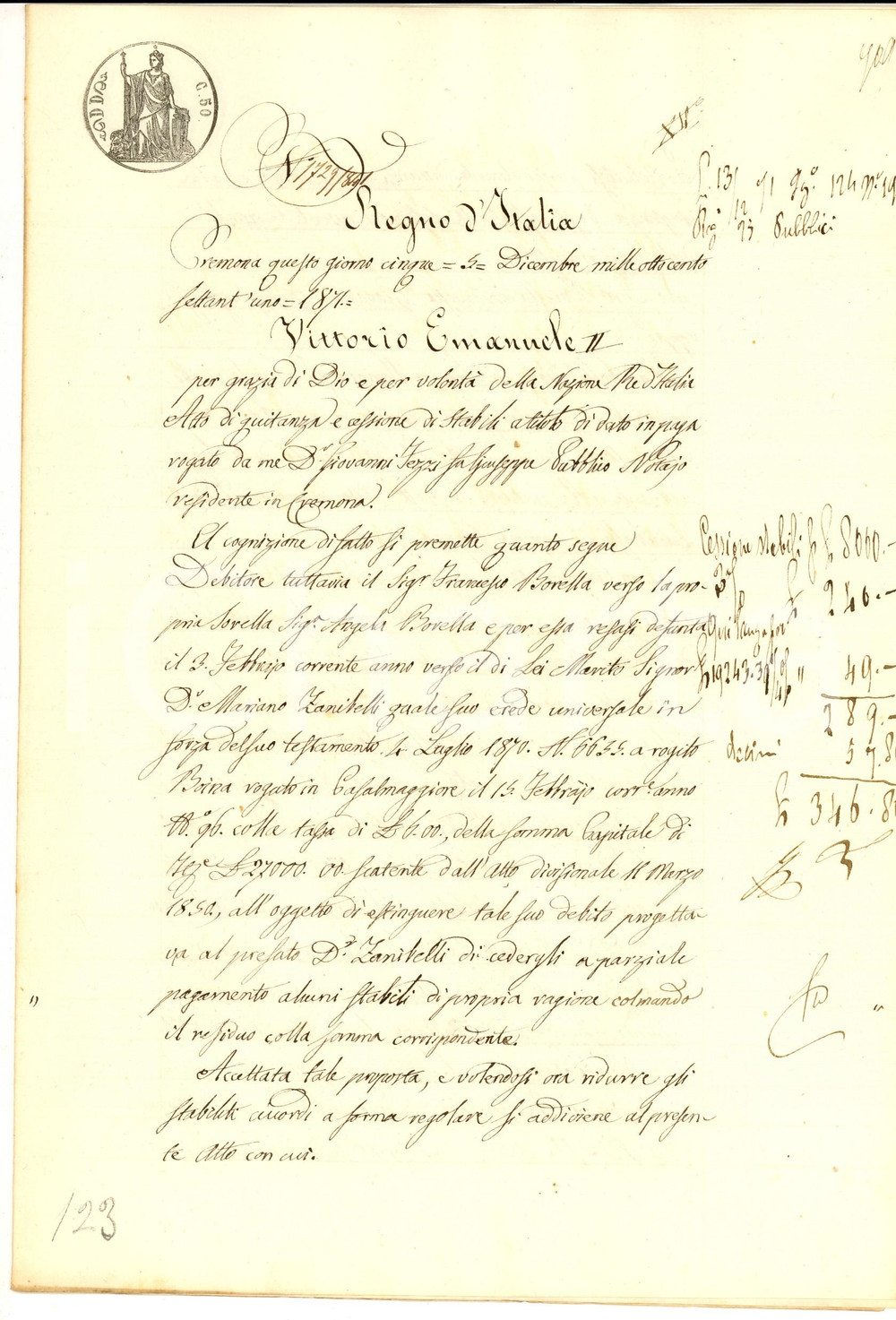 Documento originale, autentico 1871 CASALMAGGIORE CR Debitore Francesco BORELLA cede casa a Mariano ZANIBELLI 1