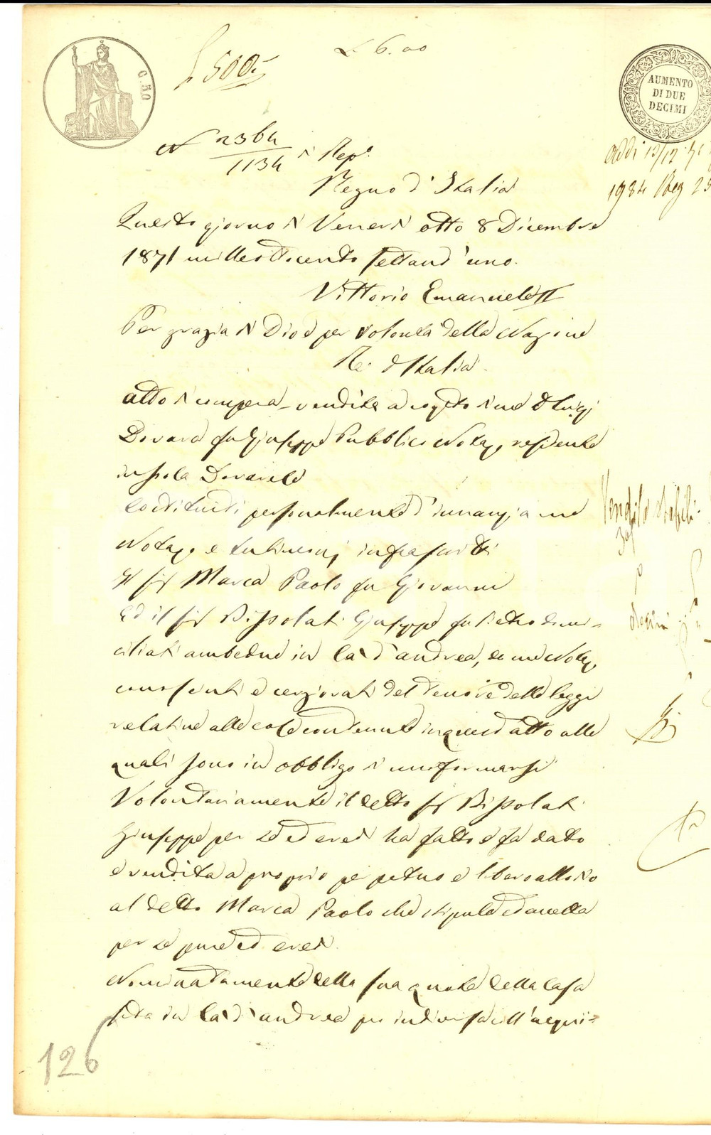 Documento originale, autentico 1871 CA  D ANDREA CR Giuseppe BISSOLATI  vende casa a Paolo MARCA Manoscritto 1