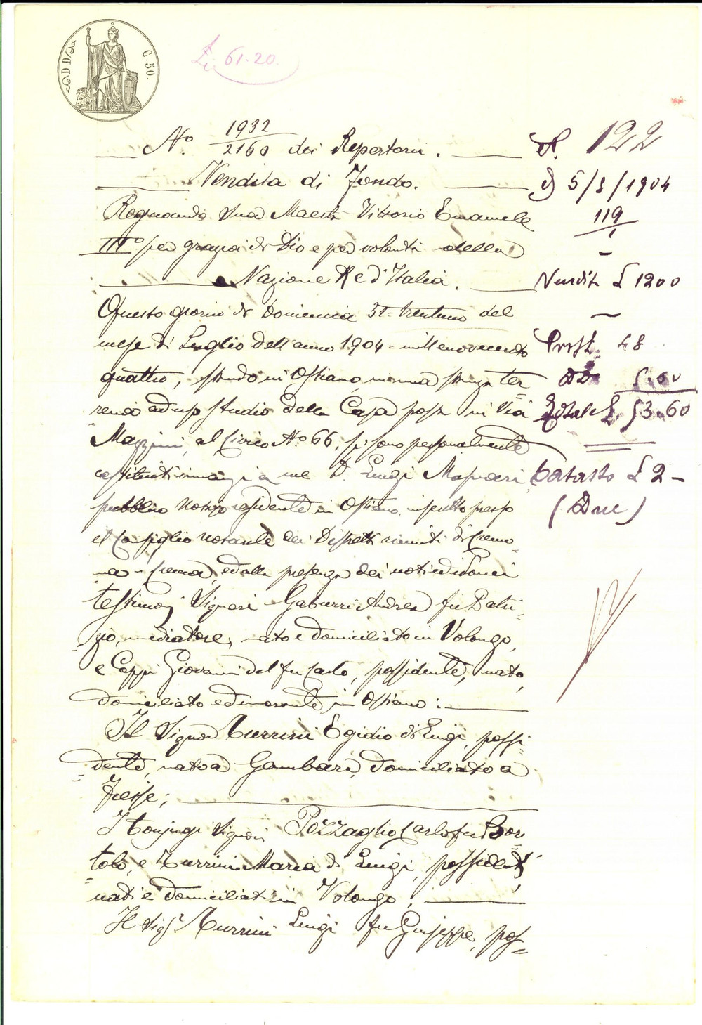 Documento originale, autentico 1903 VOLONGO Egidio TURRINI vende campo CODIGNANI  a Francesco LOMBARDI 1