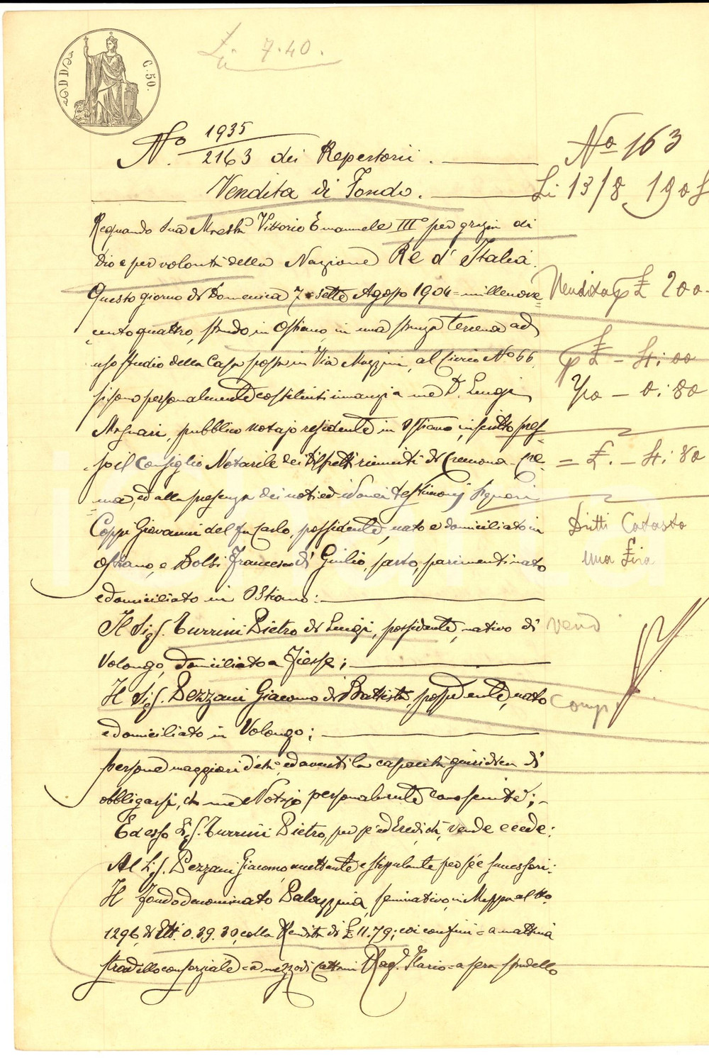 Documento originale, autentico 1903 VOLONGO CR Pietro TURRINI vende fondo PALAZZINA a Giacomo PEZZANI 1