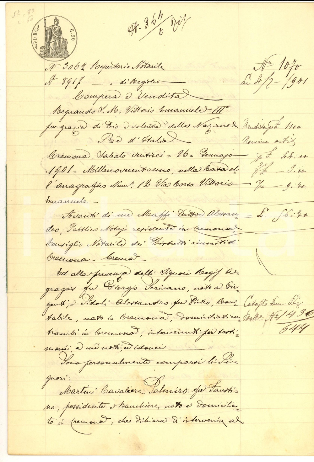 Documento originale, autentico 1901 GRONTARDO CR Cav. Palmiro MARTINI vende terra a Giovanni PELLINI 1
