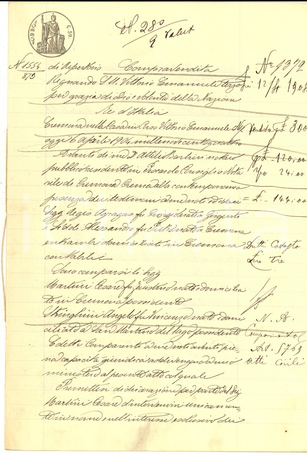 Documento originale, autentico 1904 SAN MARTINO DEL LAGO CR Conti BIANDRA  DI REAGLIE vendono campo BREDA 1