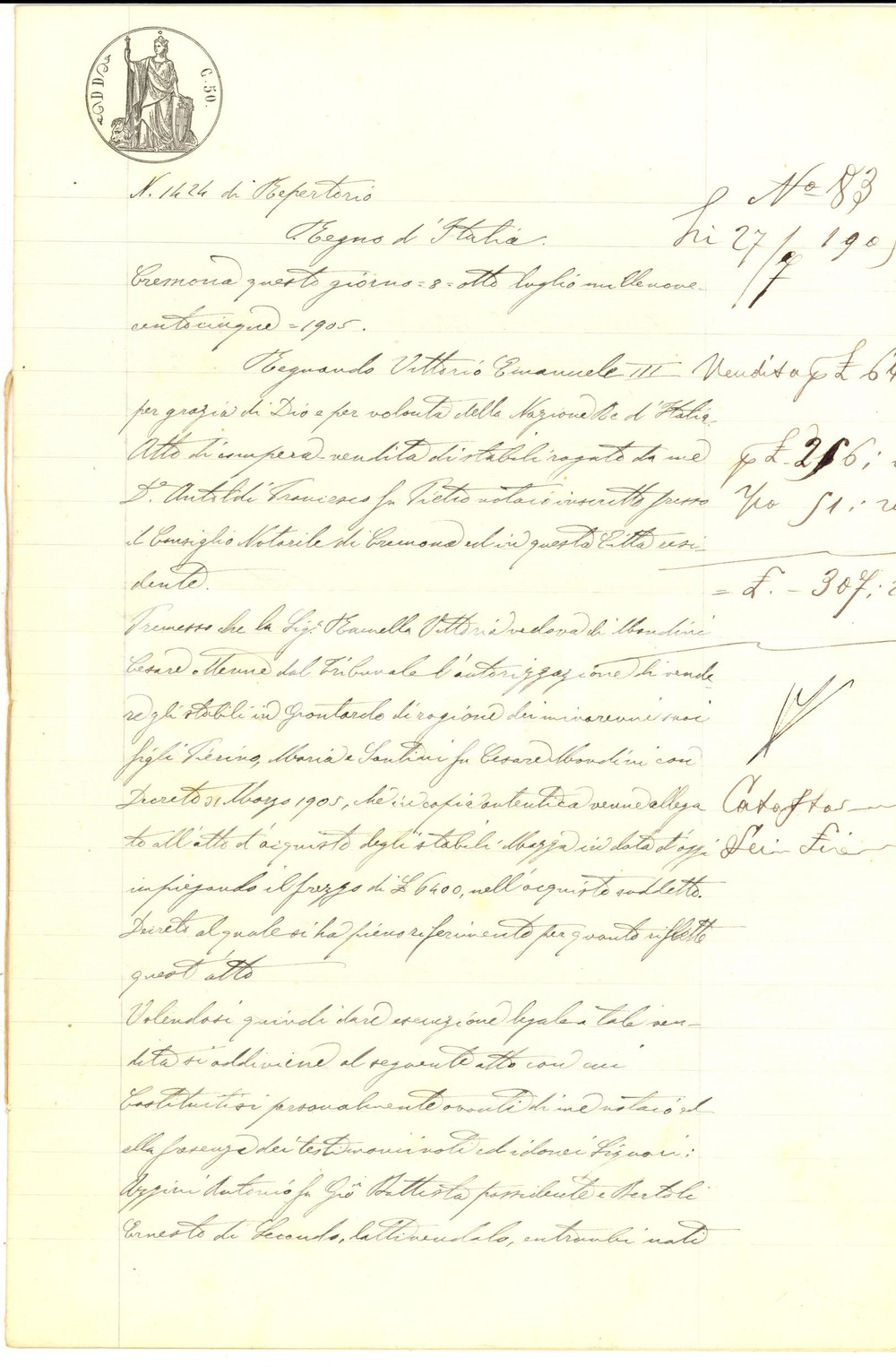 Documento originale, autentico 1905 GRONTARDO CR Vittoria RAMELLA vende porzione cascina a Rachele OTTOLINI 1