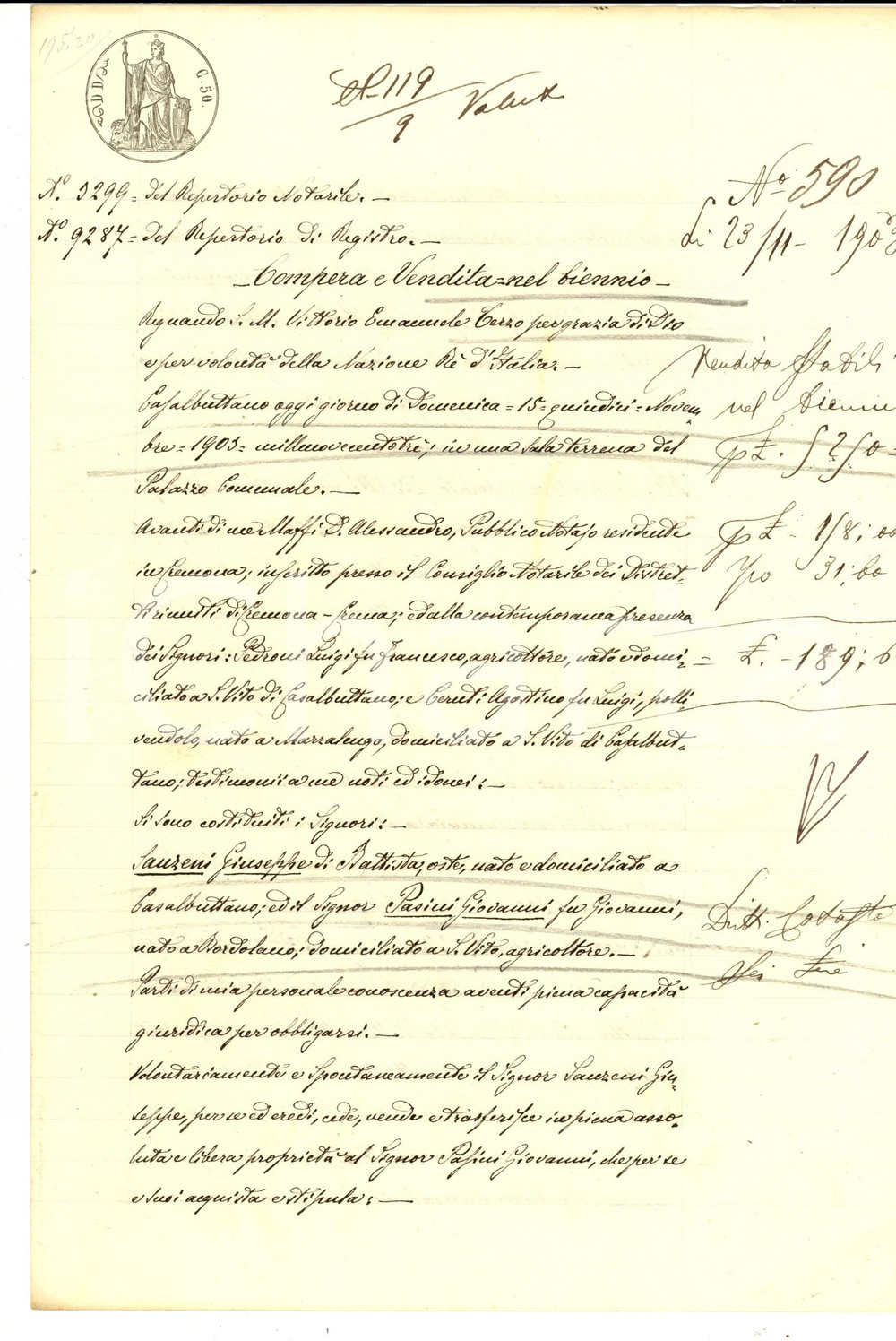 Documento originale, autentico 1903 CAVALLARA CR Giuseppe LANZENI vende campo TRABALLINO a Giovanni PASINI 1