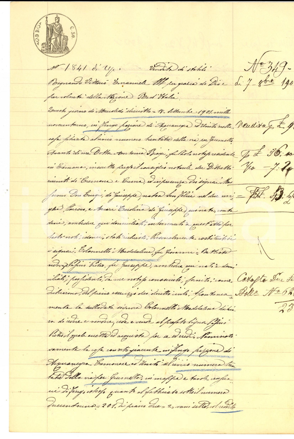 Documento originale, autentico 1901 FENGO CR Maddalena COLONNELLI vende casa con orto a Pietro PASINI 1