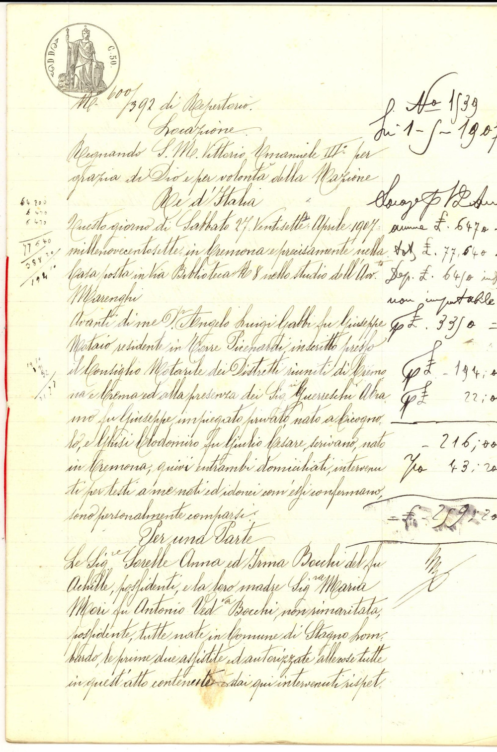 Documento originale, autentico 1907 FORCELLO CR Anna e Irma BOCCHI affittano podere a Rachele LAZZARINI 1