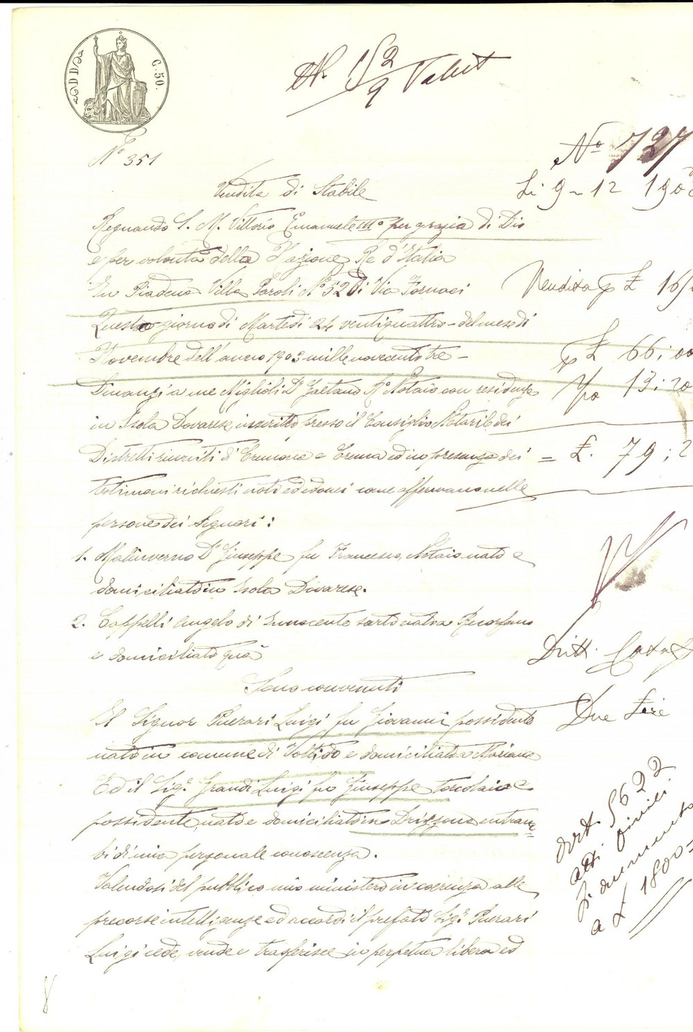 Documento originale, autentico 1903 COLOMBAROLO CR Luigi PUERARI vende campo RONCO a Luigi GRANDI 1