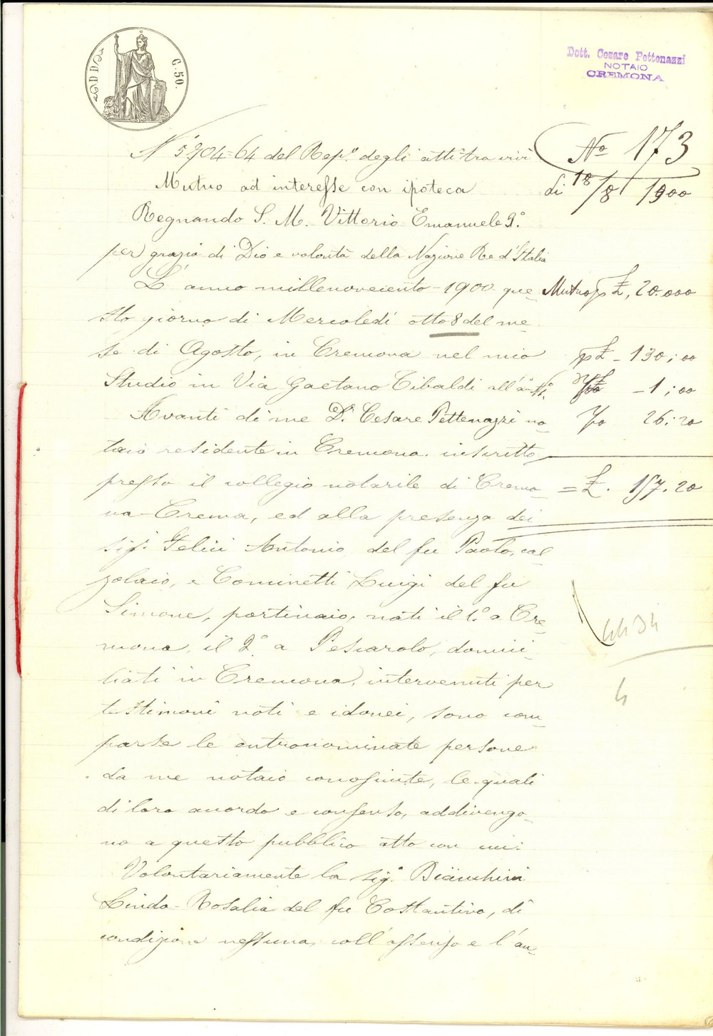 Documento originale, autentico 1900 CREMONA Prestito di Linda Rosalia BIANCHINI ad Achille MAINARDI 20 pp. 1