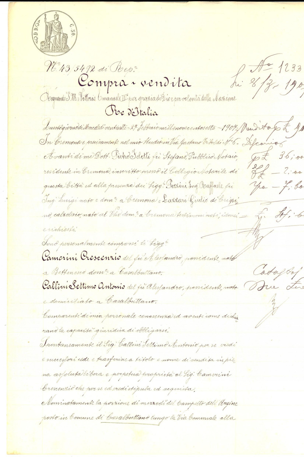 Documento originale, autentico 1907 CASALBUTTANO CR Settimo CALLINI vende campetto a Crescenzio CAMERINI 1