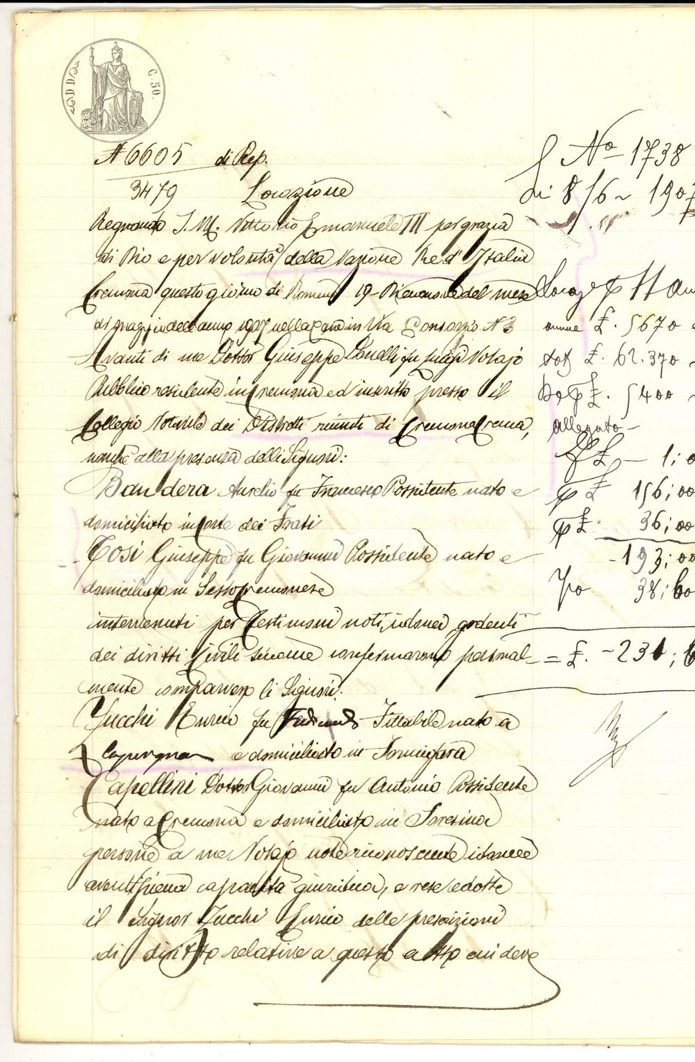 Documento originale, autentico 1907 FORMIGARA CR Giovanni CAPELLINI affitta podere BIASOLI a Enrico ZUCCHI 1