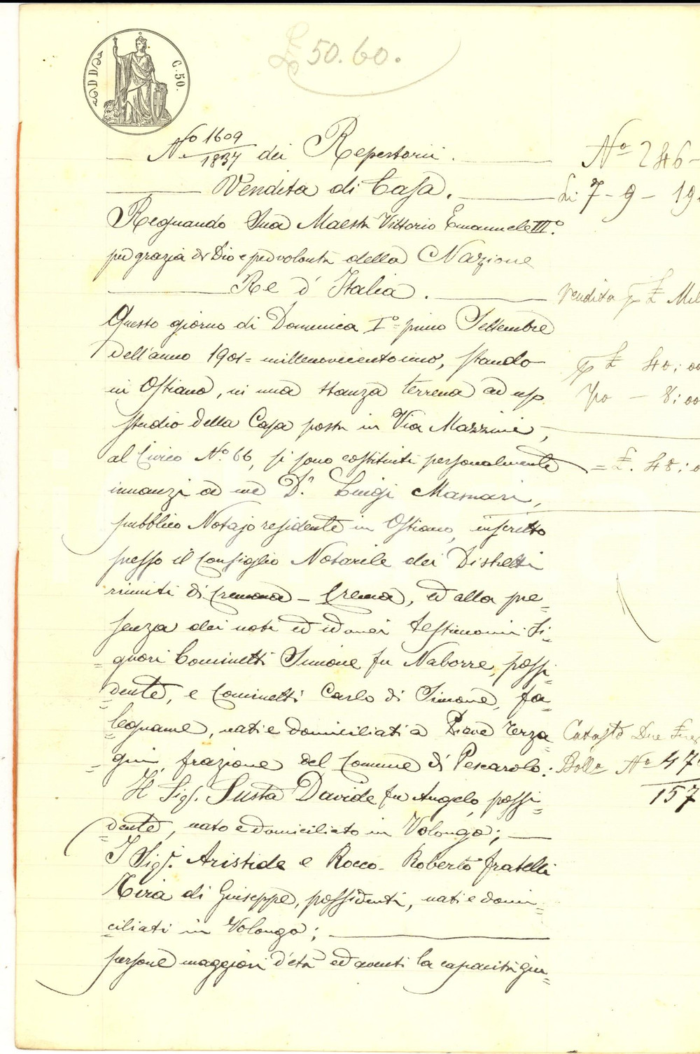 Documento originale, autentico 1901 VOLONGO CR Davide SUSTA vende casa in via GARIBALDI ai fratelli TIRA 1