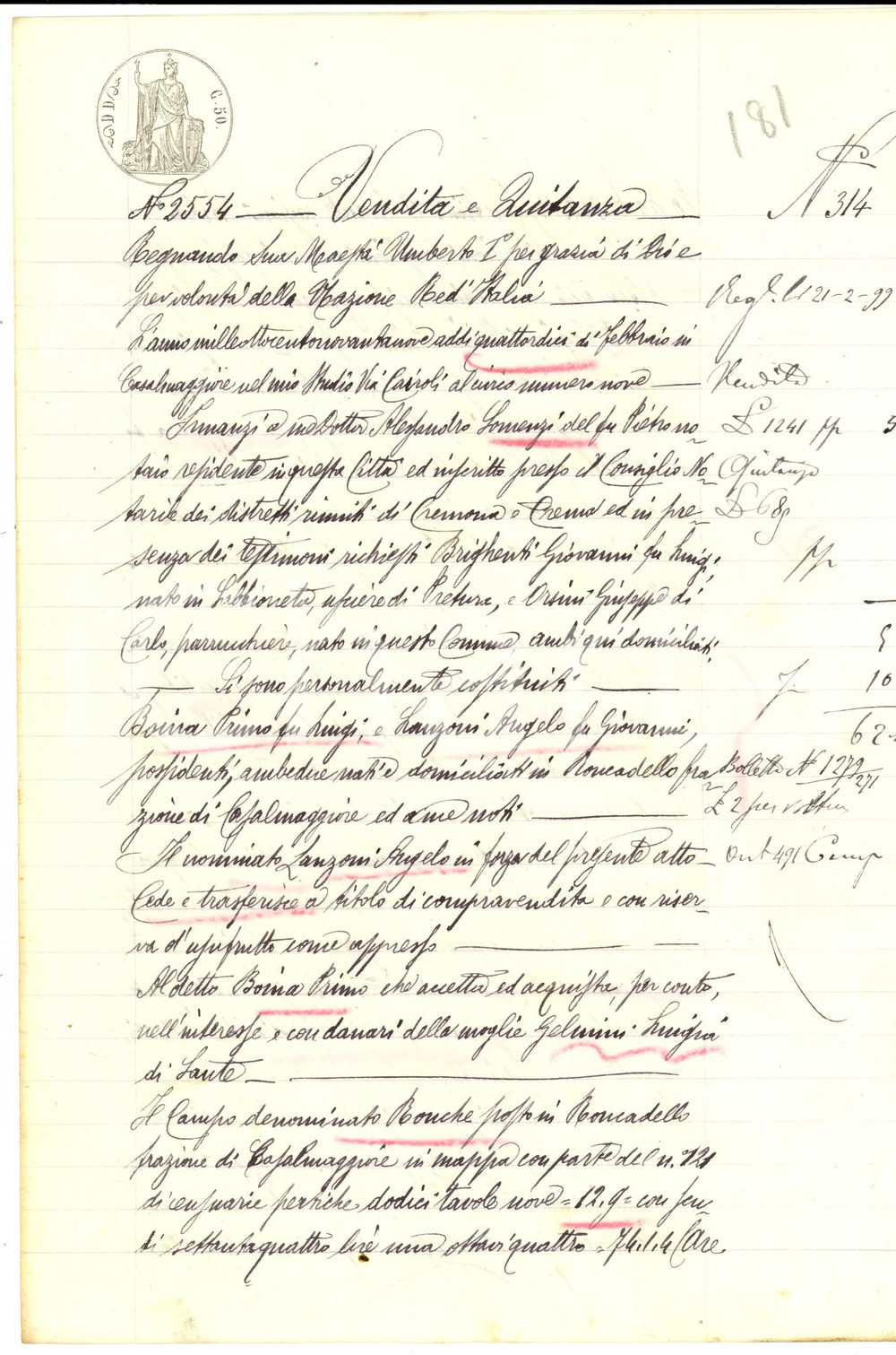 Documento originale, autentico 1899 RONCADELLO CR Angelo LANZONI vende il campo RONCHE a Primo BOINA 1