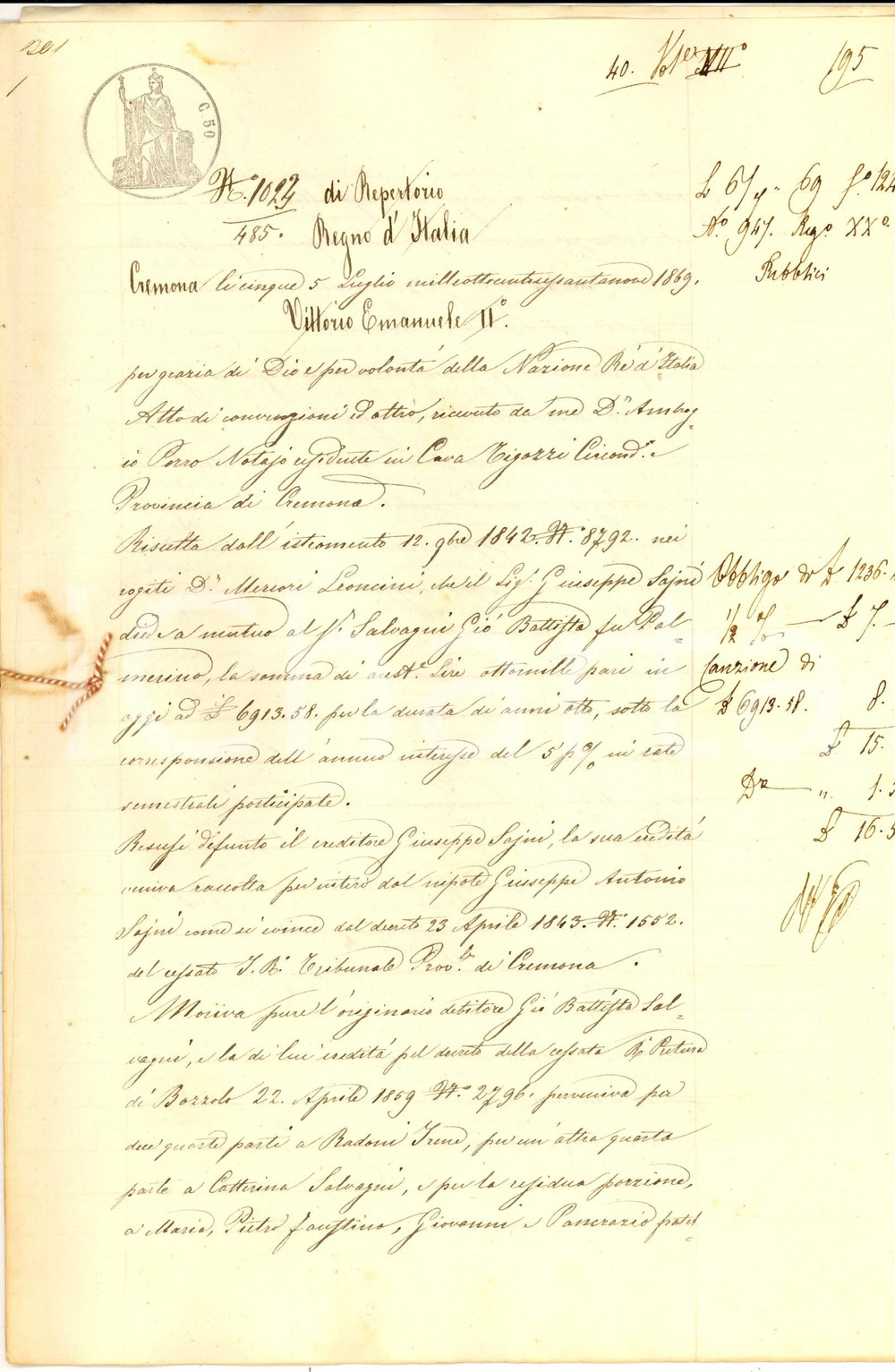Documento originale, autentico 1869 CREMONA Attilio BOSELLI salda debito eredi SALVAGNI alla ditta SAJNI 1