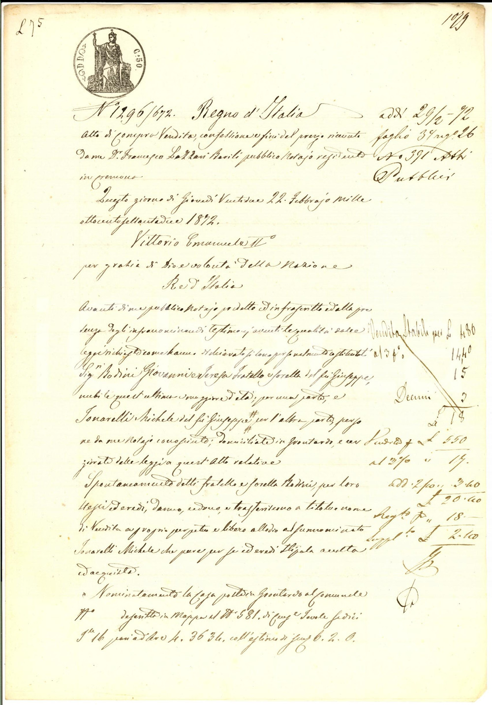 Documento originale, autentico 1872 GRONTARDO CR Giovanni e Teresa BODINI vendono casa a Michele TONARELLI 1