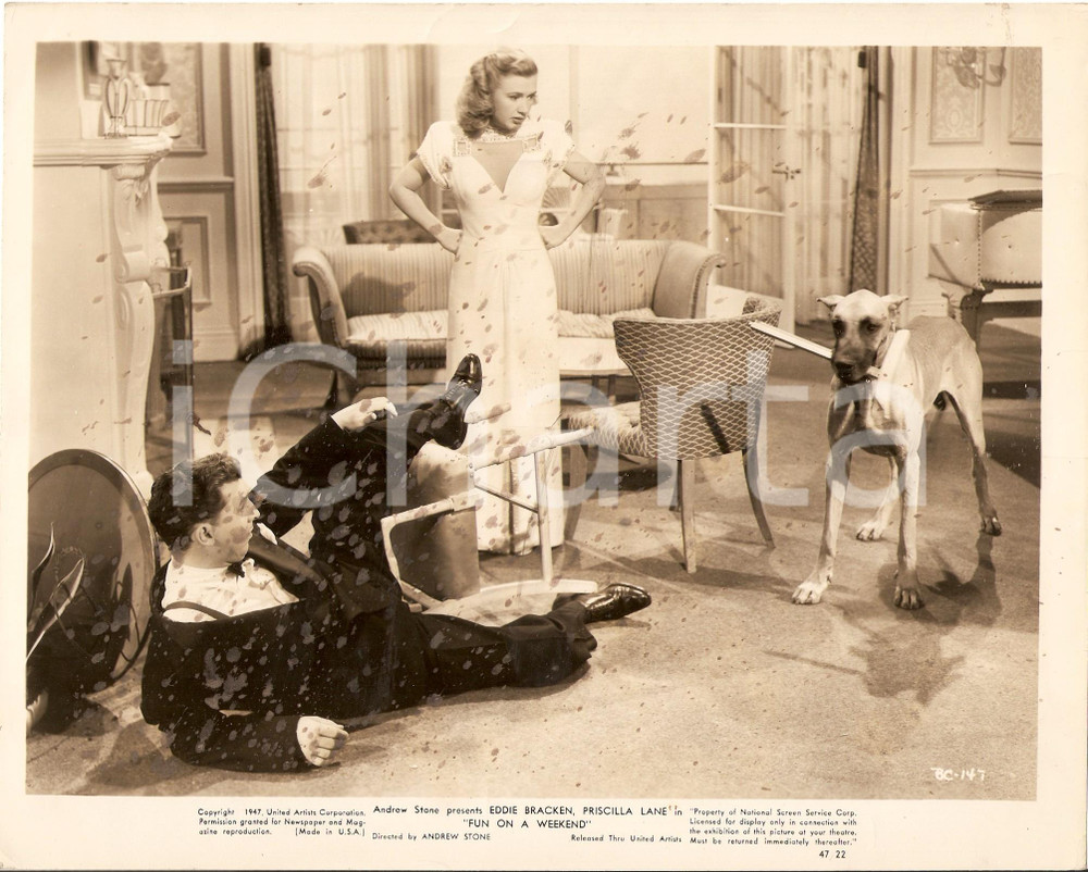 Fotografia d epoca originale 1947 FUN ON A WEEKEND Eddie BRACKEN Priscilla LANE Alano Foto VERY POOR 1