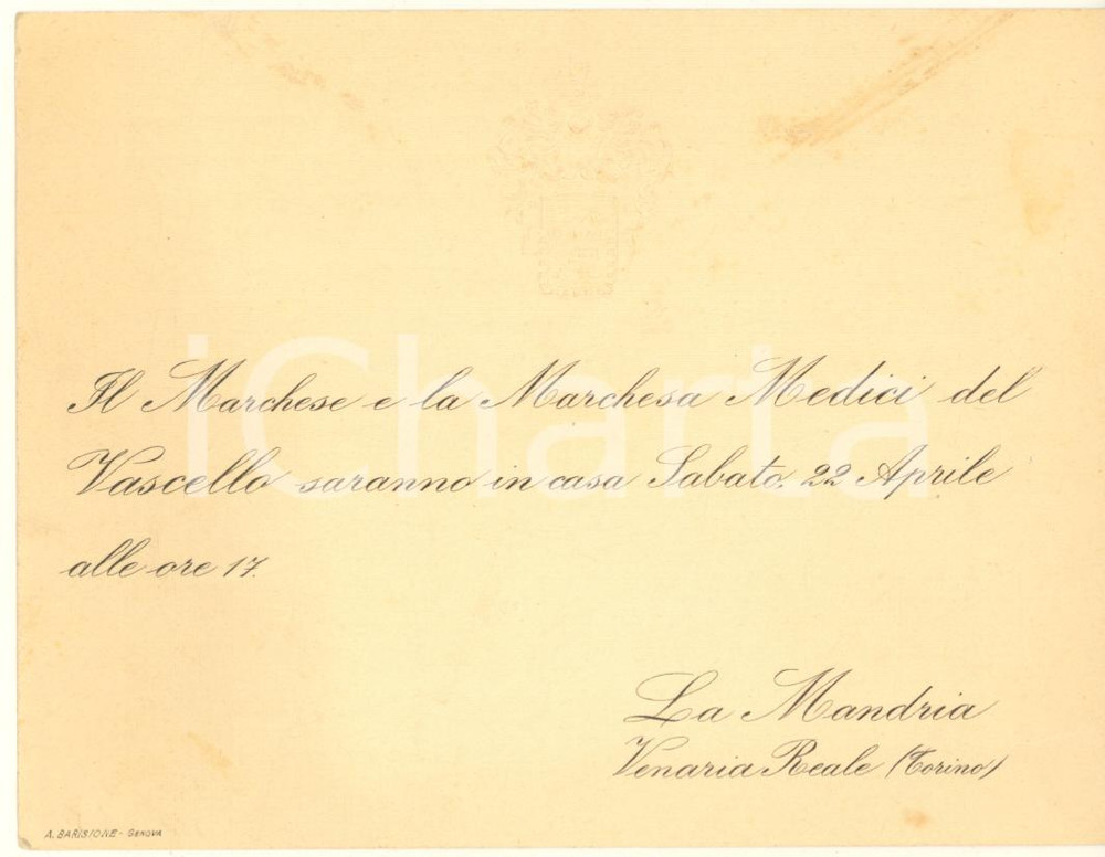 Oggetto da collezione cartaceo 1930 ca VENARIA REALE Ricevimento marchesi MEDICI DEL VASCELLO Invito 1