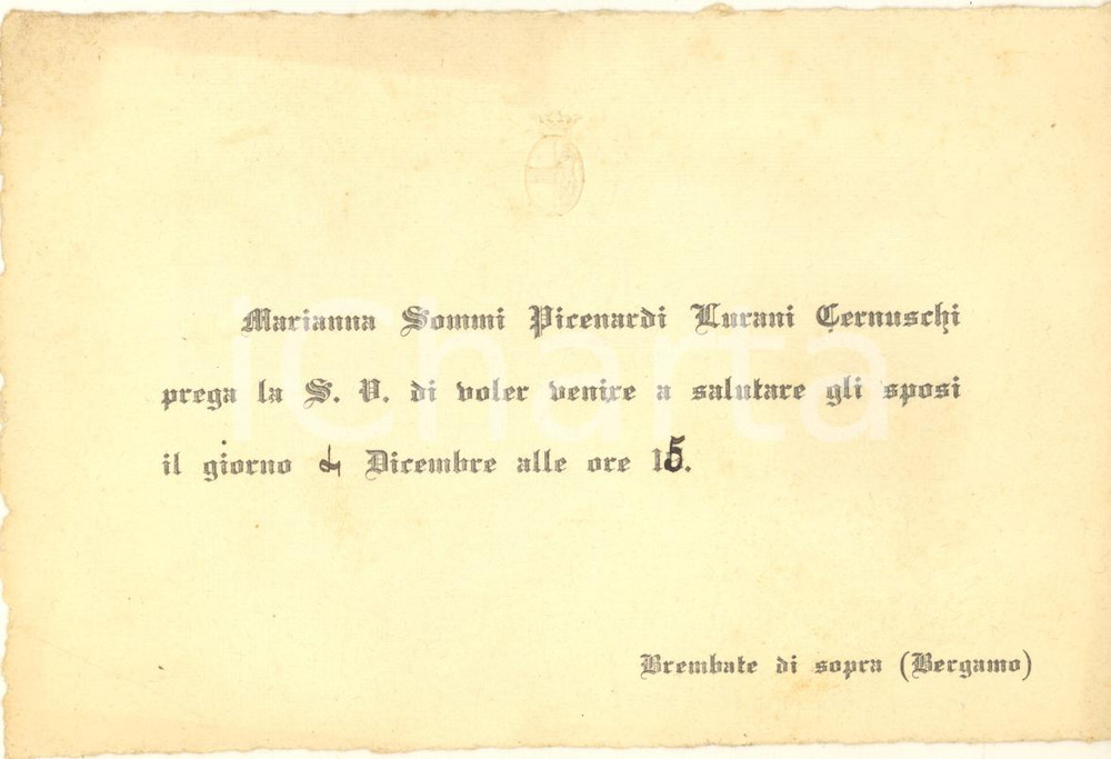 Oggetto da collezione cartaceo 1930 ca BREMBATE DI SOPRA Marianna SOMMI PICENARDI  Invito ricevimento nozze 1