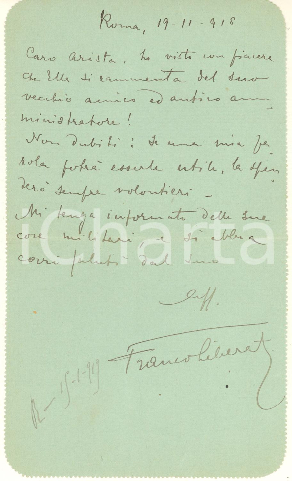 Autografo originale 1919 ROMA TEATRO Biglietto Franco LIBERATI ad Aristide ARISTA  Autografo 1