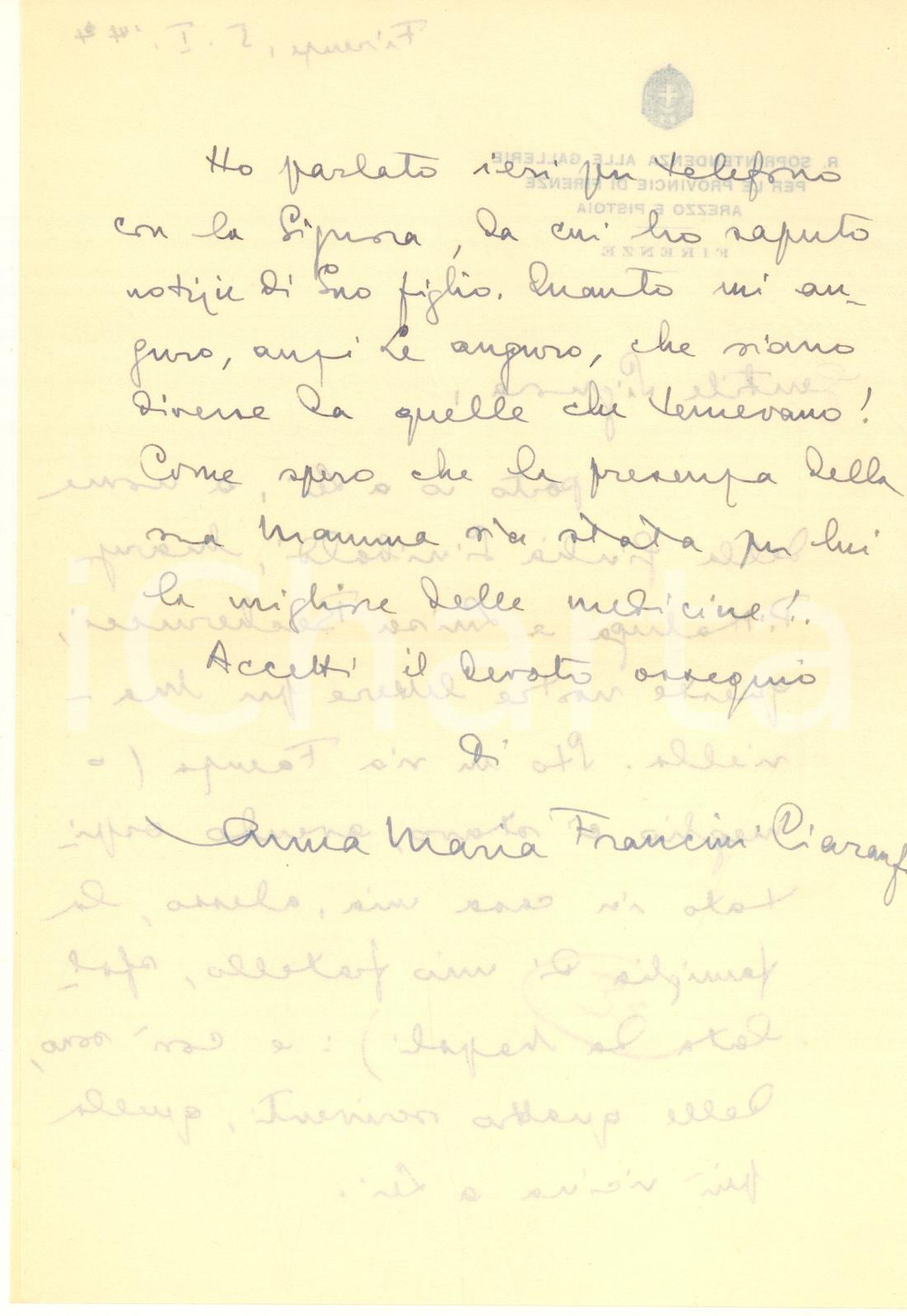 Autografo originale 1944 FIRENZE R. Soprintendenza  Lettera Anna Maria FRANCINI CIARANFI Autografo 1
