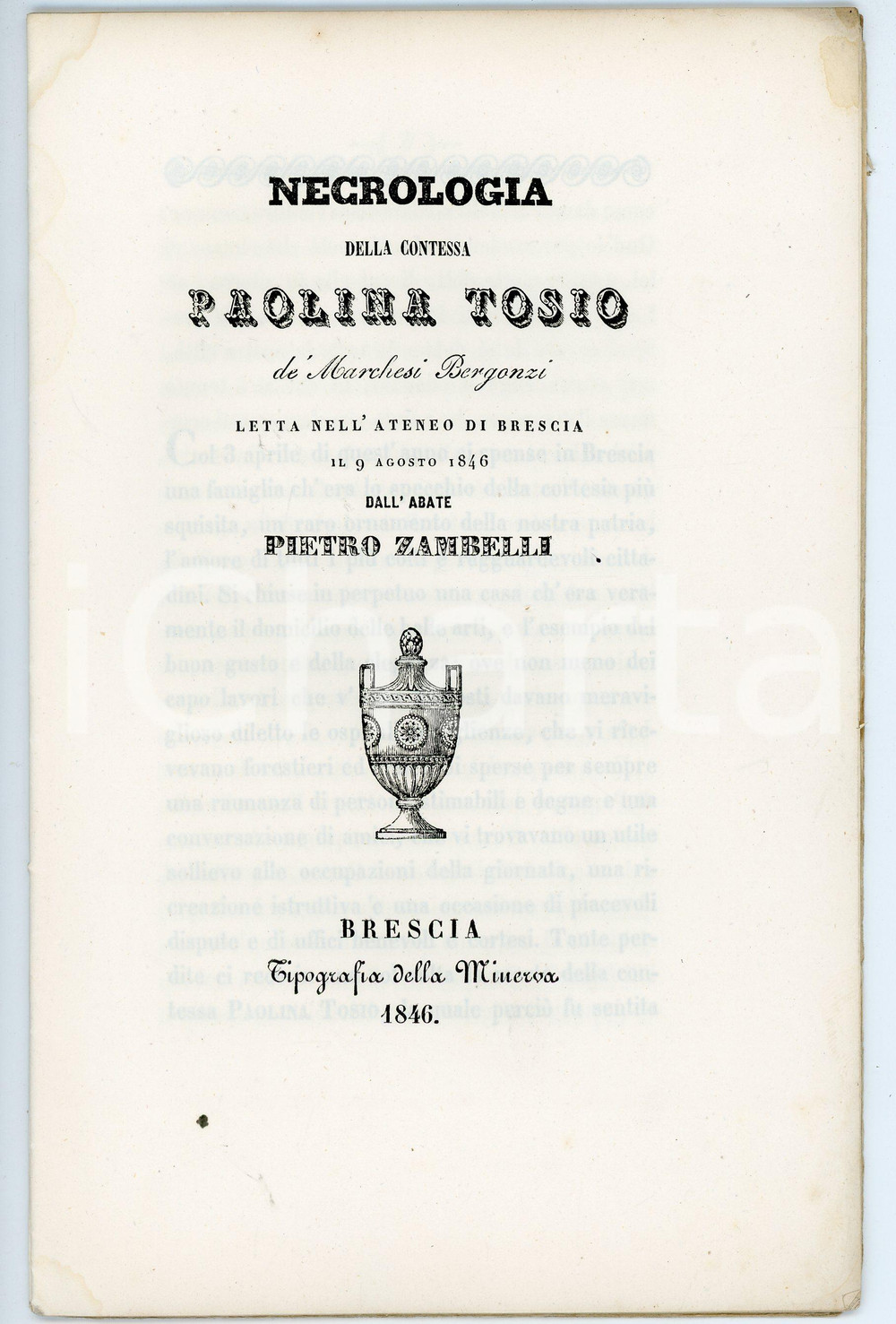 Libro, pubblicazione d epoca 1846 Pietro ZAMBELLI Necrologia Contessa Paolina TOSIO DE  MARCHESI BERGONZI 1