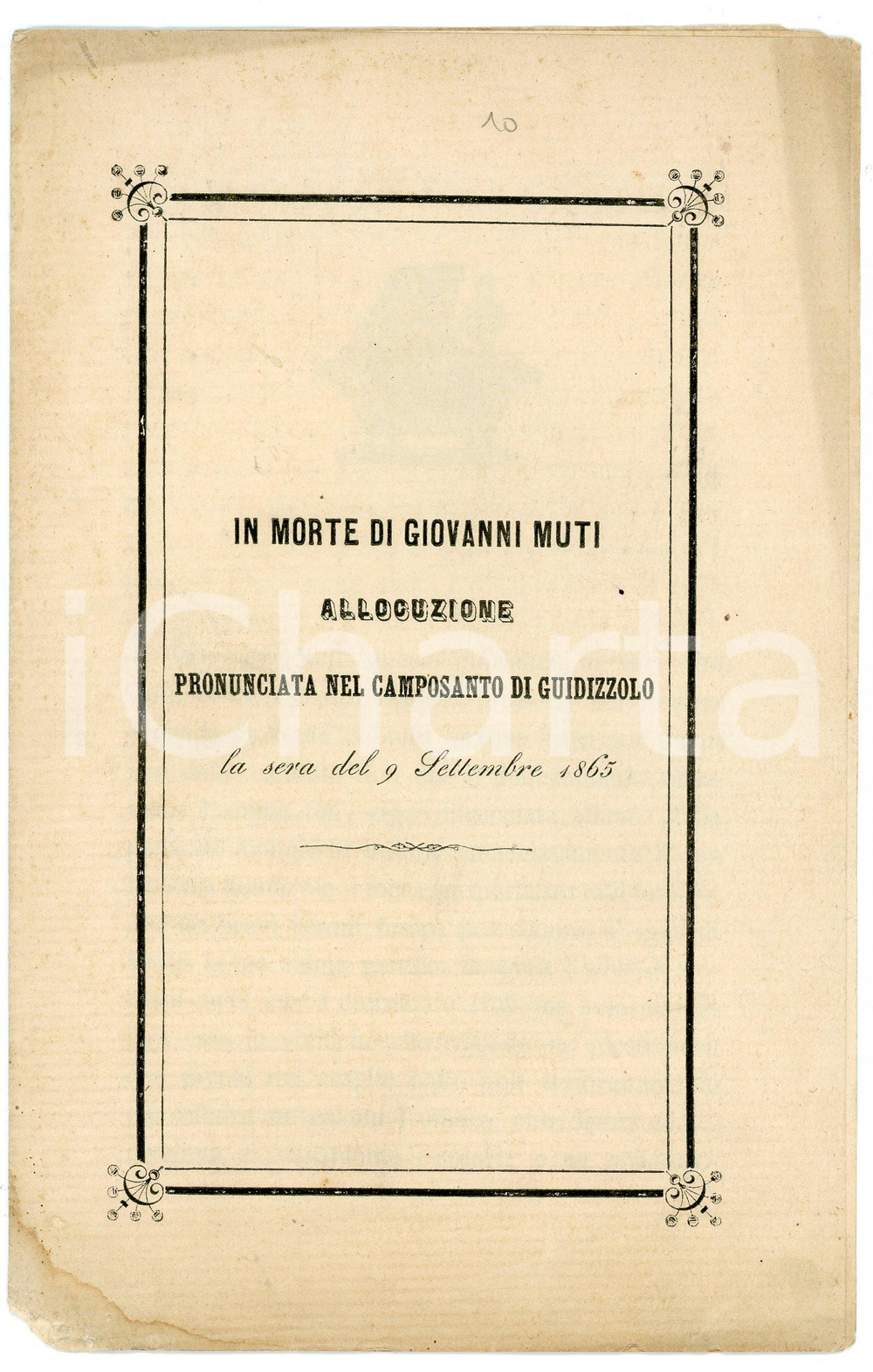 Libro, pubblicazione d epoca 1865 GUIDIZZOLO Giuseppe MUTI In morte di Giovanni MUTI Allocuzione 1