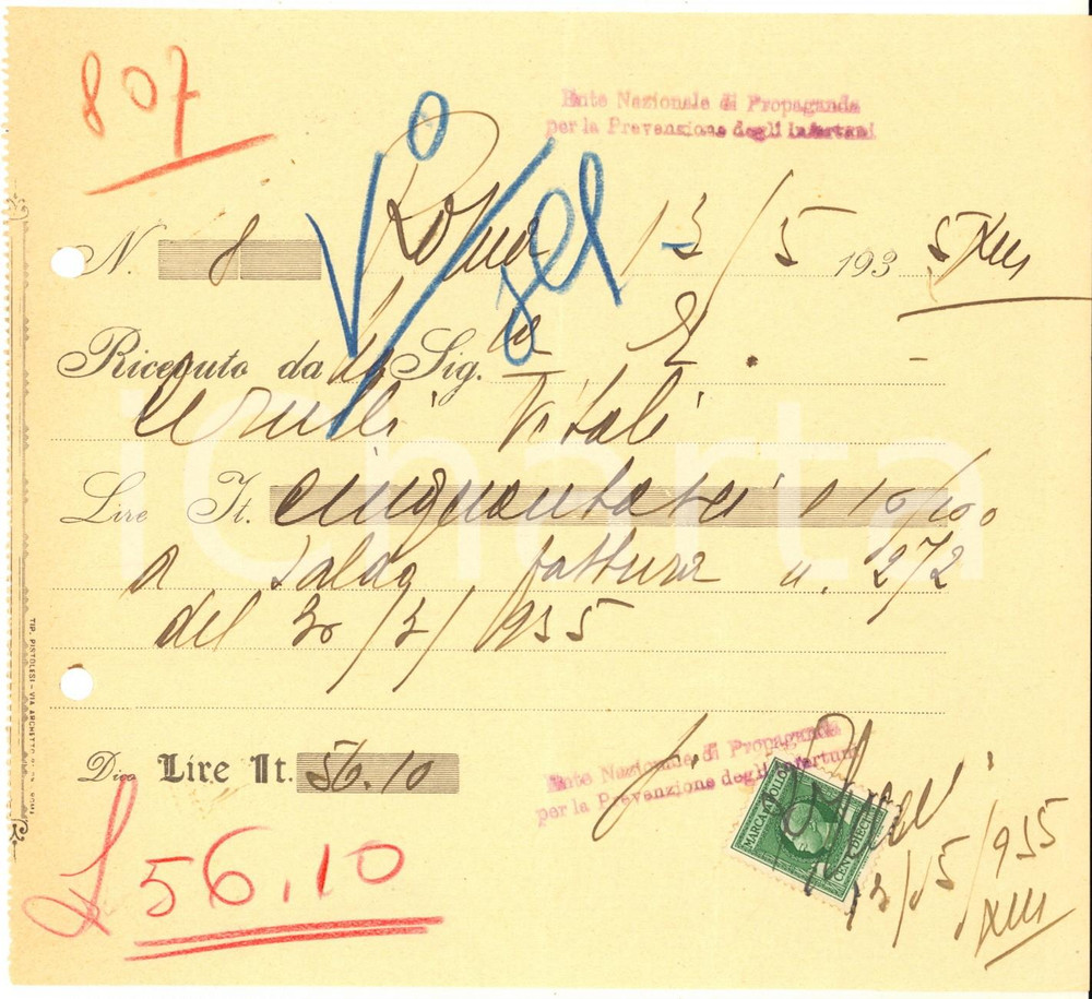 Documento originale, autentico 1935 ROMA Ente Nazionale propaganda Prevenzione Infortuni Ricevuta di pagamento 1
