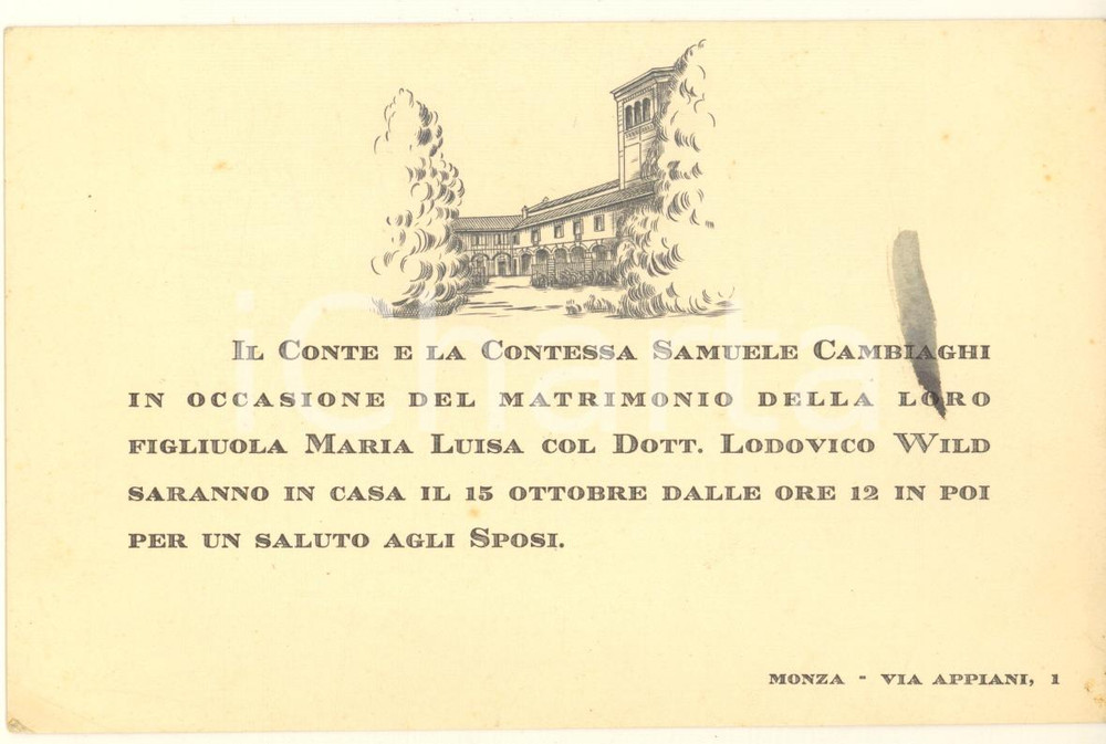 Oggetto da collezione cartaceo 1930 ca MONZA Conte Samuele CAMBIAGHI  Invito ricevimento nozze Maria Luisa 1