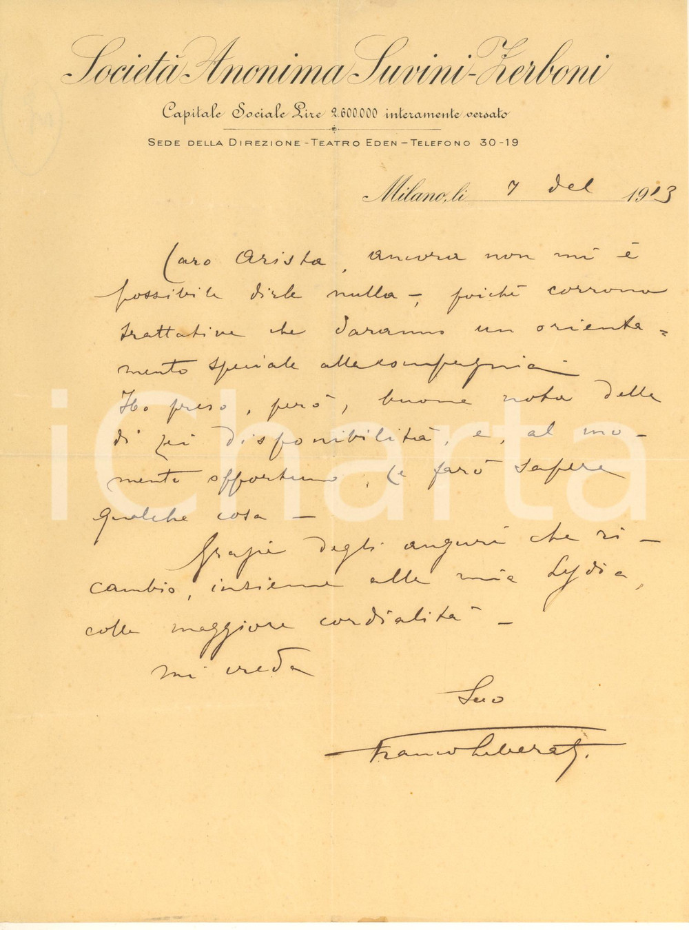 Autografo originale 1913 MILANO TEATRO EDEN Franco LIBERATI su scrittura di un attore  Autografo 1