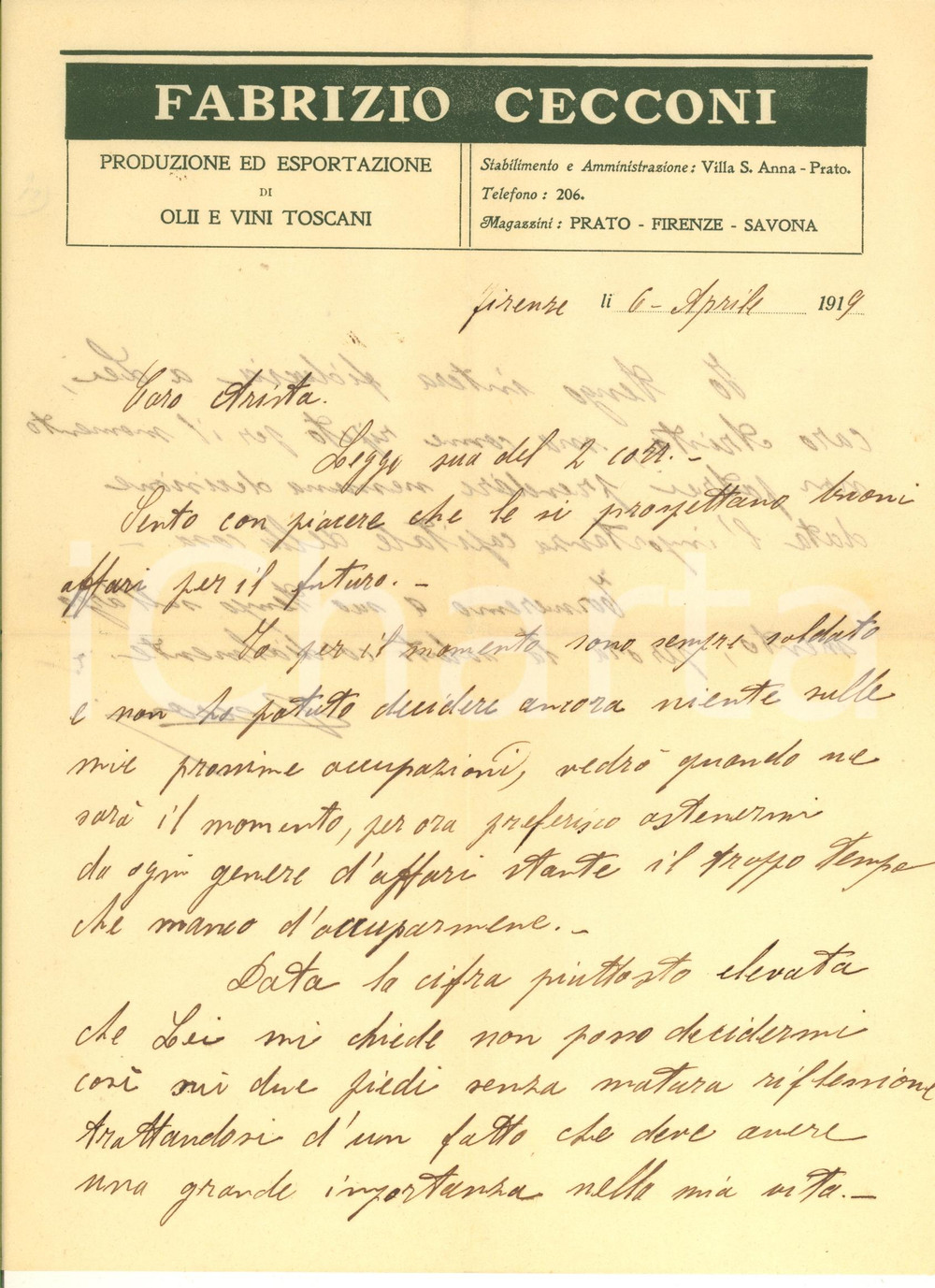 Manoscritto, lettera originale 1919 FIRENZE Lettera Fabrizio CECCONI  Produzione olii e vini toscani 1