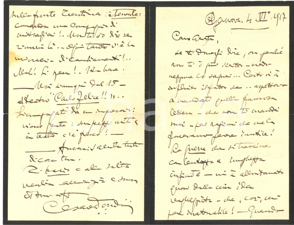 Autografo originale 1917 GENOVA Lettera Cesare DONDINI jr incerto per l anno venturo AUTOGRAFO 1