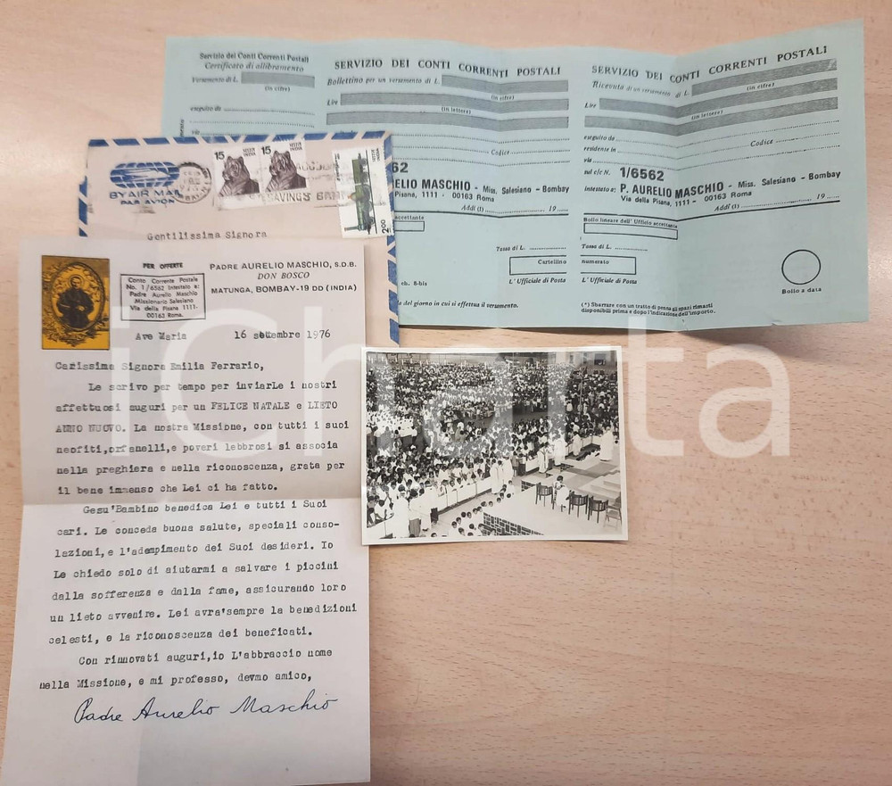 Manoscritto, lettera originale 1976 MATUNGA BOMBAY INDIA Padre Aurelio MASCHIO  Lettera + foto pro missione 1