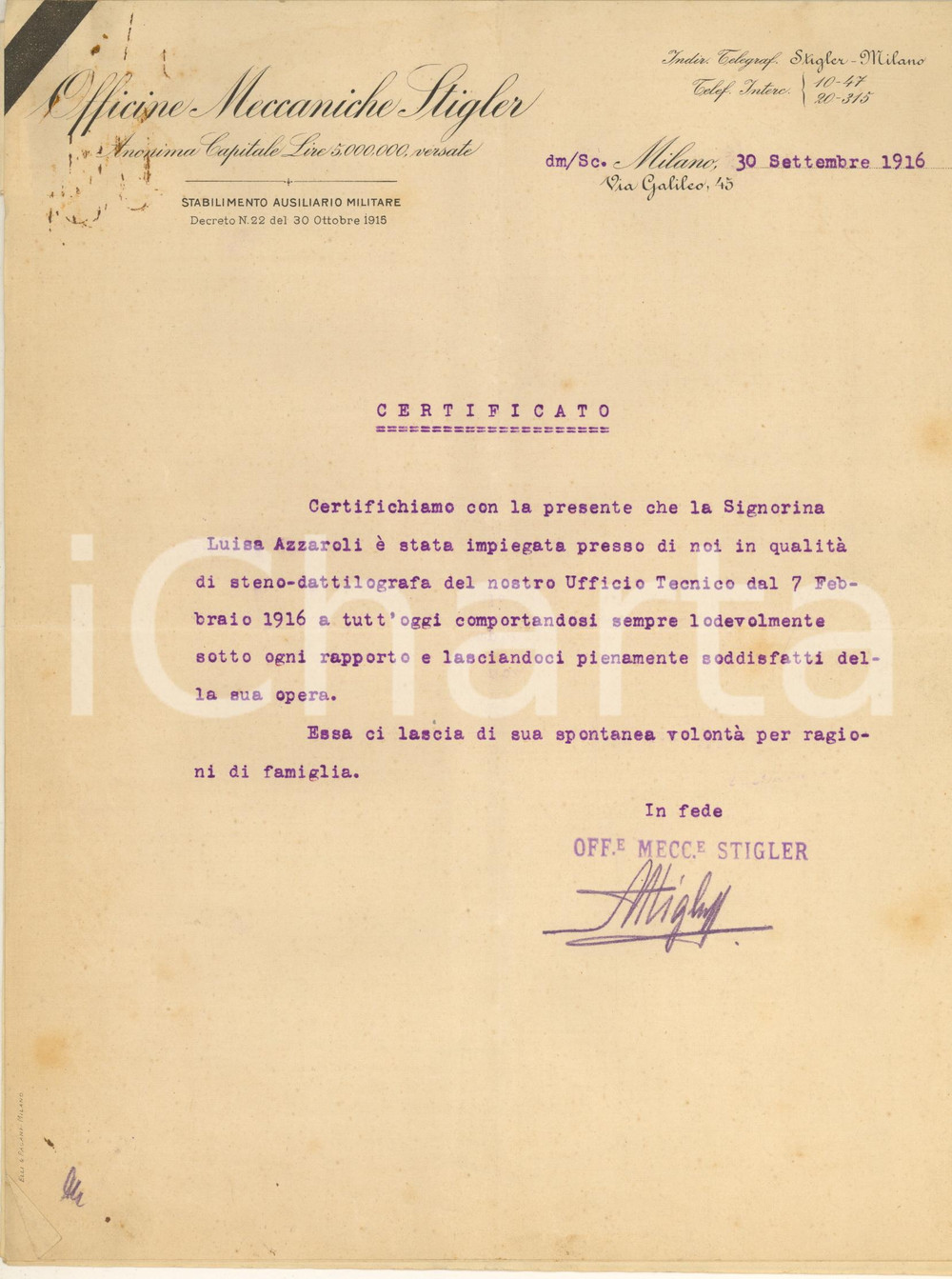 Documento originale, autentico 1916 MILANO Officine Meccaniche STIGLER  Dossier impiegata Luisa AZZAROLI 1