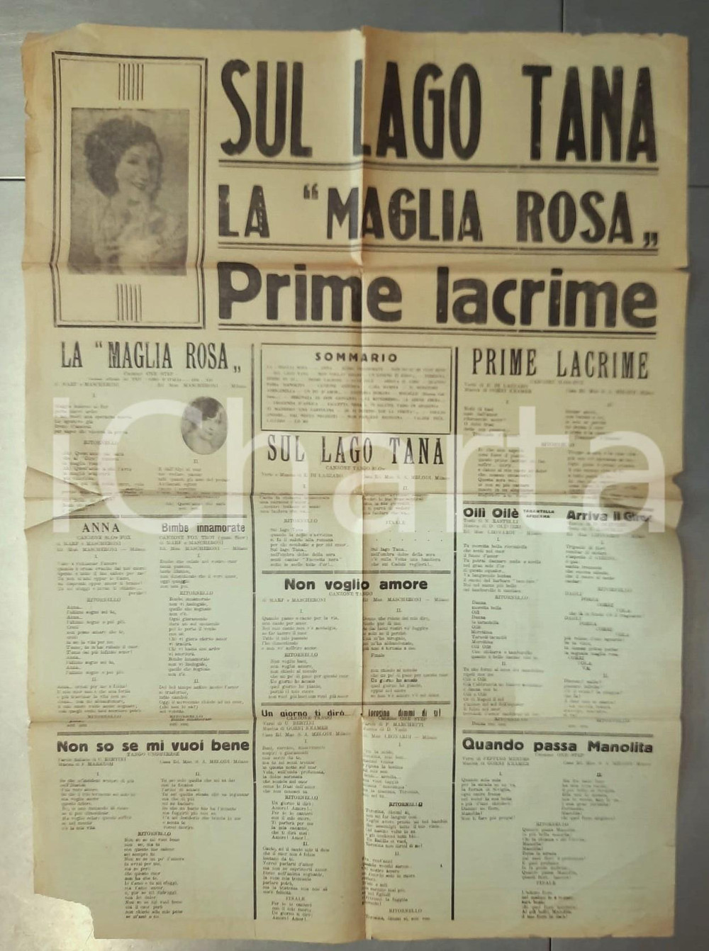 Materiale pubblicitario d’epoca 1936 FOLIGNO Edizioni musicali CAMPI  Manifesto canzoni La maglia rosa 50x70 1
