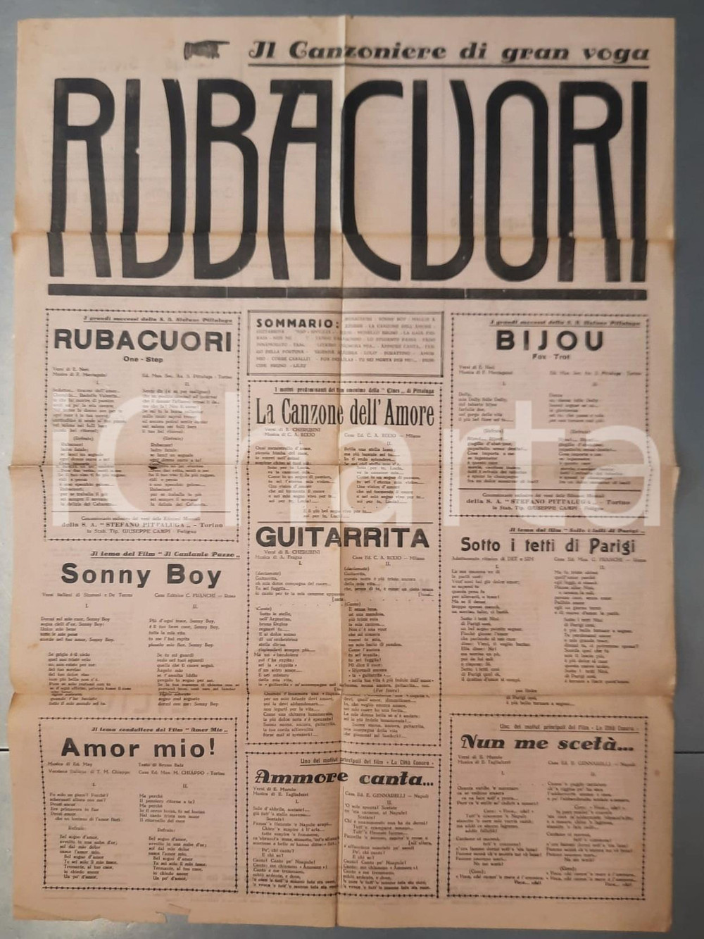 Materiale pubblicitario d’epoca 1930 FOLIGNO Edizioni musicali CAMPI  Manifesto canzoni Rubacuori 50x70 cm 1